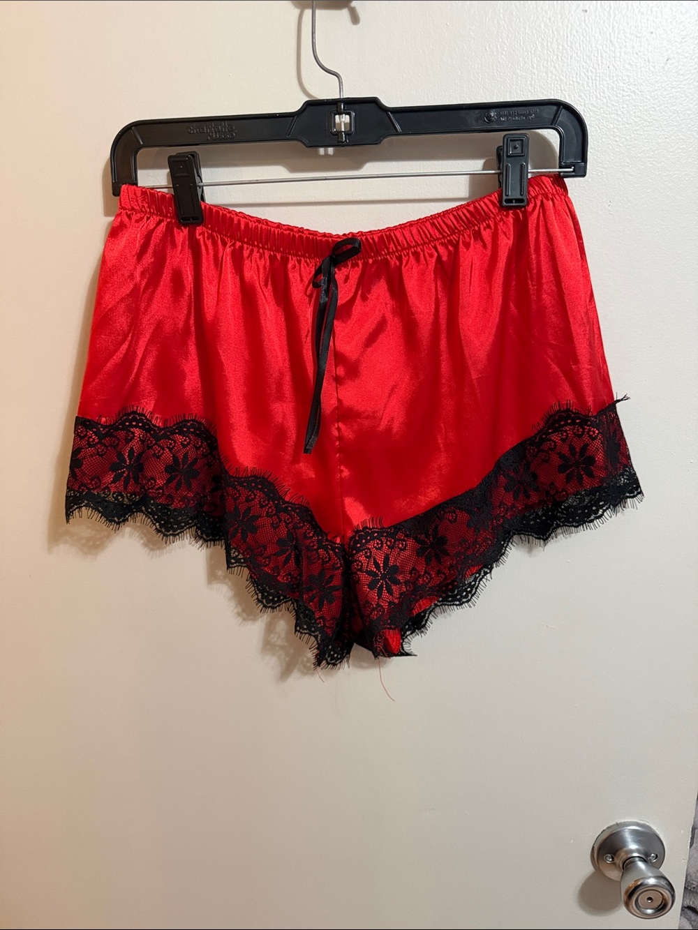 Vintage Red Satin High-Waist Sleep Shorts with Black Lace